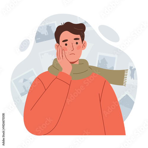 Man in orange sweater with green scarf feeling worried and sad vector illustration 