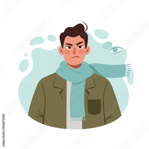 Young man wearing green coat and blue scarf with angry expression vector illustration in winter style 