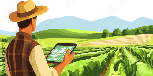 Man using tablet in agricultural field for smart farming, monitoring crop growth and optimizing yield with technology for sustainable agriculture