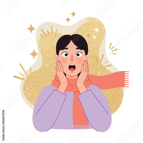 Surprised young person with hands on cheeks wearing purple coat and red scarf vector illustration 