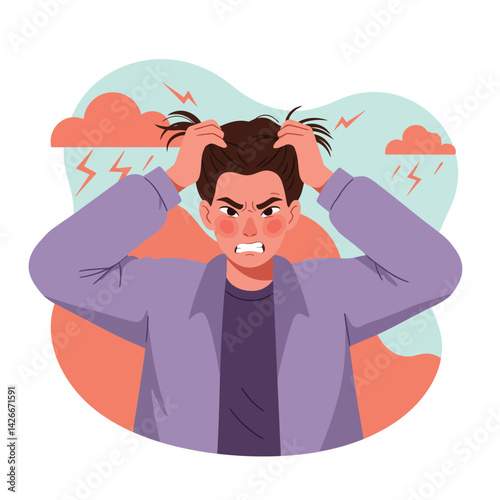 Young man frustrated and stressed pulling hair with stormy background expressing tension and anxiety vector illustration 