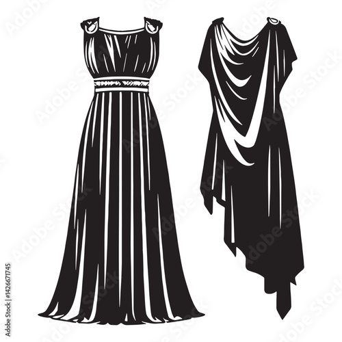 Regal Roman Stola silhouette, majestic and dignified attire – Roman Stola illustration – Minimalist Roman Stola vector – Ladies dress silhouette

