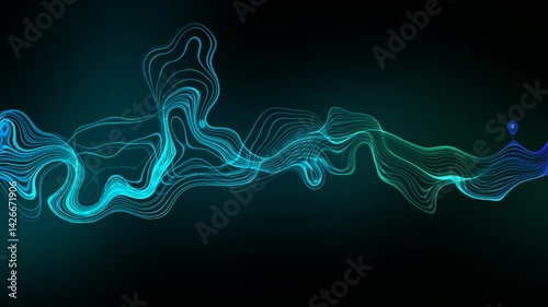 abstract energy wave, neon blue and green, flowing lines, dark background, digital art, glowing effect, futuristic, dynamic ethereal, undulating pattern futuristic design 4k video
