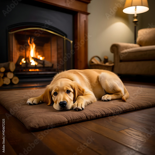 Wallpaper Mural A Cozy Puppy Nestled by the Fireplace on a Cold Evening, Enjoying the Warmth of a Comfortable Living Room. Torontodigital.ca