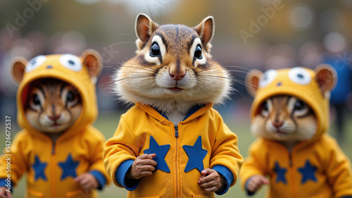 A chipmunk in a sports kit with her partisan babies at a party.