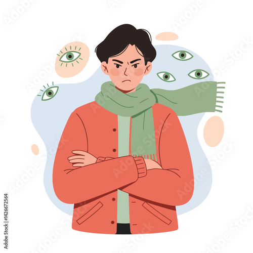 Young man feeling watched with crossed arms wearing orange jacket and green scarf illustration vector 