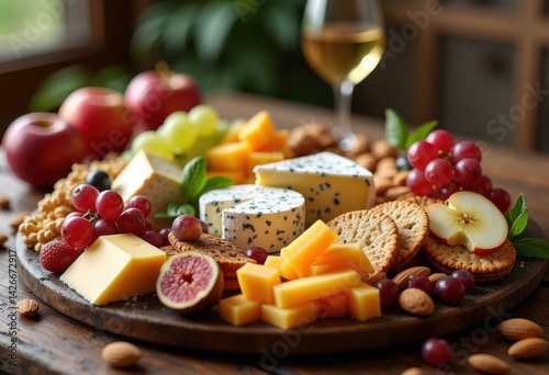 artfully arranged gourmet cheese platter fresh fruits nuts cracker variations, spread, appetizer, delicacy, honey, olive, wine, board, arrangement