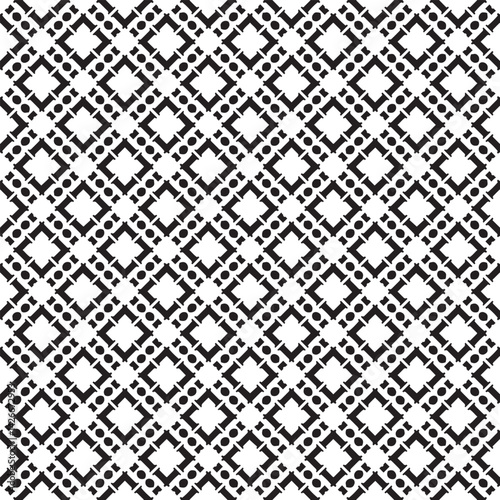 Geometric pattern of black shapes on white diamonds dashes and dots create a rhythmic tessellated design