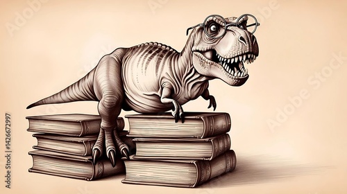 Intelligent dinosaur wearing glasses on book stack