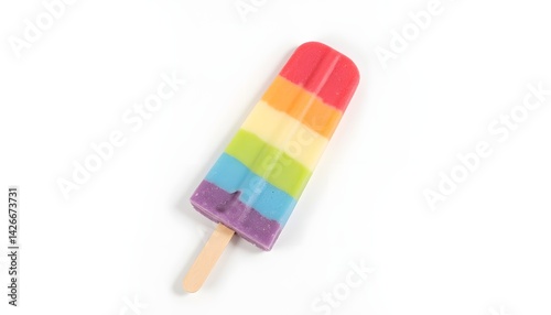 A vibrant and eye catching popsicle featuring a rainbow of colors, contrasted beautifully against a stark white background.