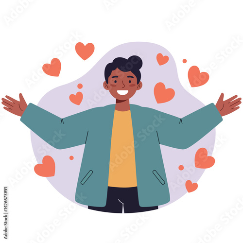 Happy person with open arms surrounded by red hearts love and positive emotions vector illustration 