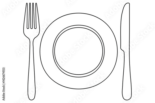 Continuous one line drawing of knife, plate, spoon and fork outline Vector Illustration