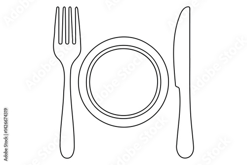 Continuous one line drawing of knife, plate, spoon and fork outline Vector Illustration