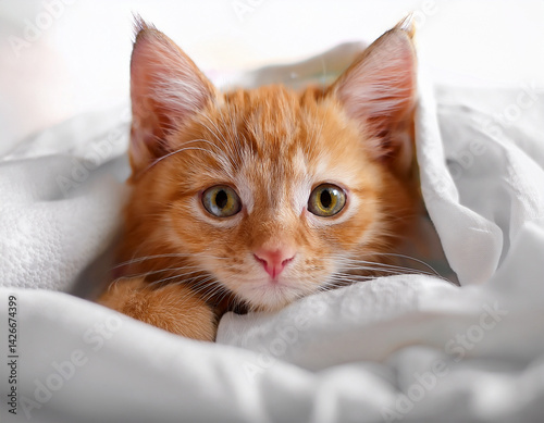 ginger kitten nestled comfortably in white bedding