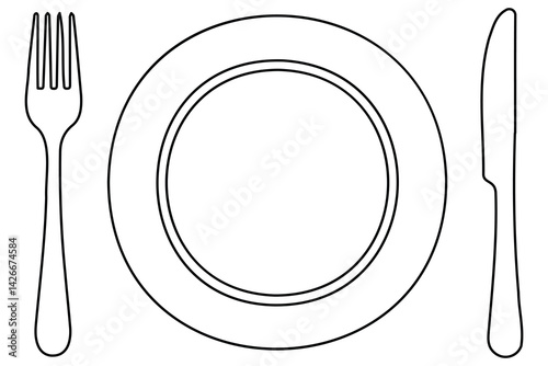 Continuous one line drawing of knife, plate, spoon and fork outline Vector Illustration