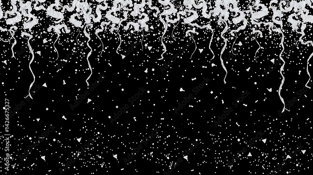 Obraz premium Horizontal silver glitter festive confetti isolated on transparent background. Silver glitter falling dust particles. Luxury confetti dots rain. Magic party border. Holiday decoration design