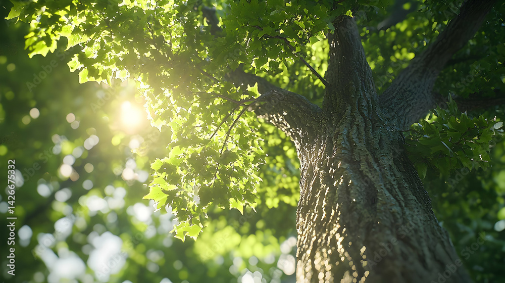 Fototapeta premium Sunlight Filtering Through Lush Green Tree Canopy