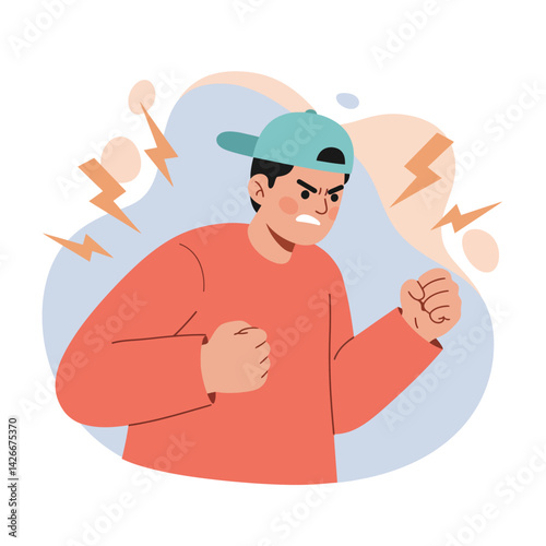 Angry young man wearing baseball cap with clenched fists expressing frustration and tension vector illustration 