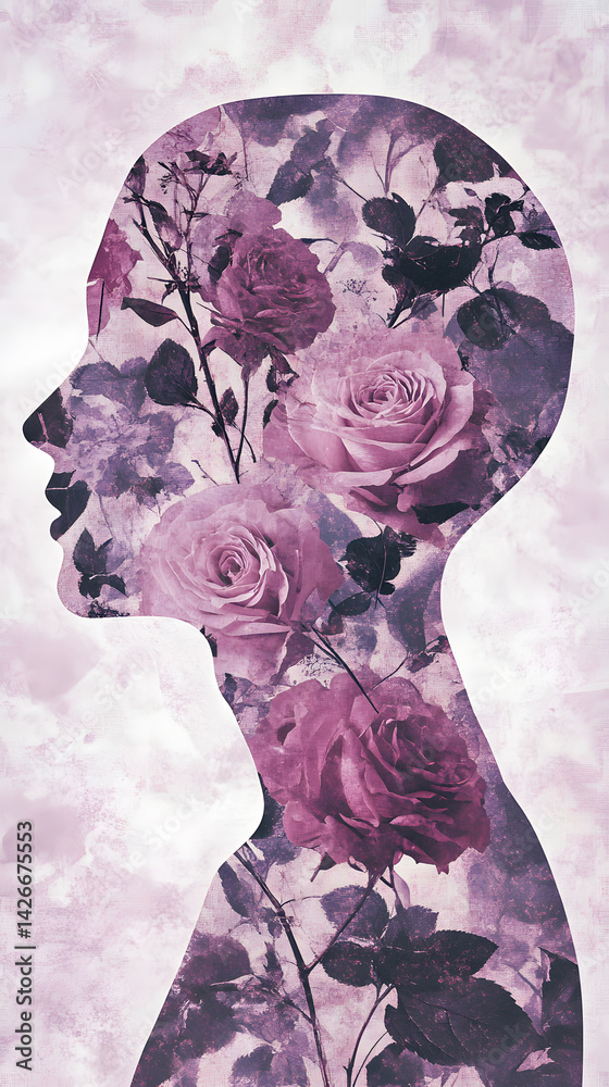 Self-compassion vertical illustration of fragmented human silhouette reconstructing in soft rose and lavender tones, symbolizing emotional recovery, healing, psychological growth in solitude.