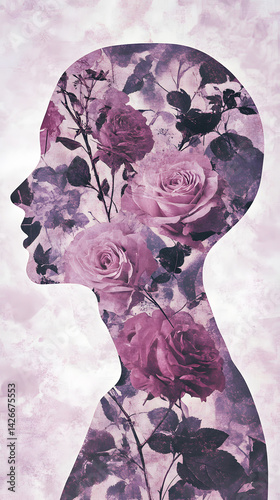 Obraz na płótnie Self-compassion vertical illustration of fragmented human silhouette reconstructing in soft rose and lavender tones, symbolizing emotional recovery, healing, psychological growth in solitude. w salonie