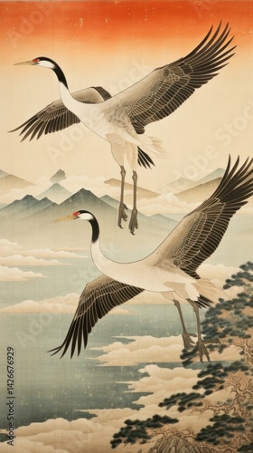 Obraz na płótnie Flying elegant cranes painting animal bird. w salonie