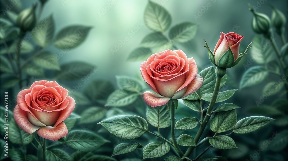 Beautiful pink roses blooming in lush green foliage