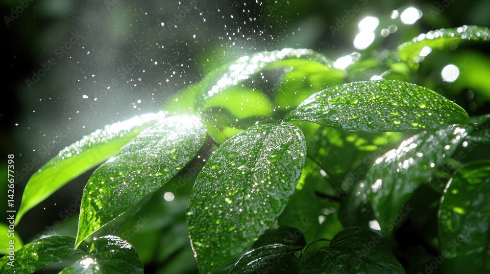 Sunlight dances on dewkissed leaves scattering droplets like glittering jewels in an emerald canopy Sunlight dances on dewkissed leaves scattering droplets like glittering jewels in an emerald canopy