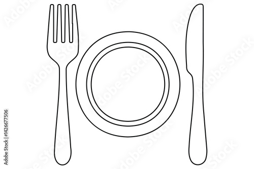 Continuous one line drawing of knife, plate, spoon and fork outline Vector Illustration