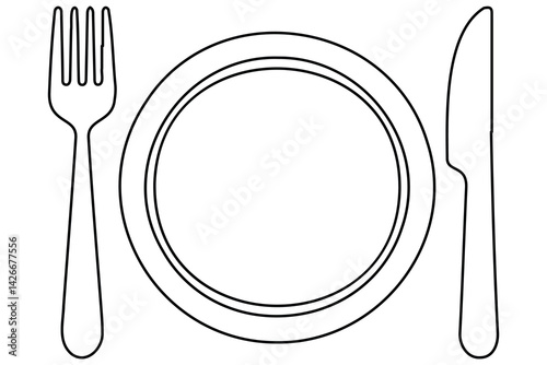 Continuous one line drawing of knife, plate, spoon and fork outline Vector Illustration
