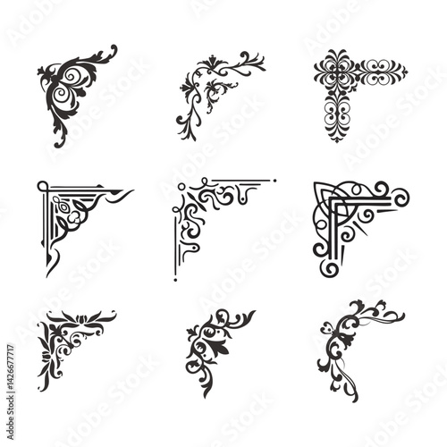 Corner ornament. Vector set of floral corners on white background.