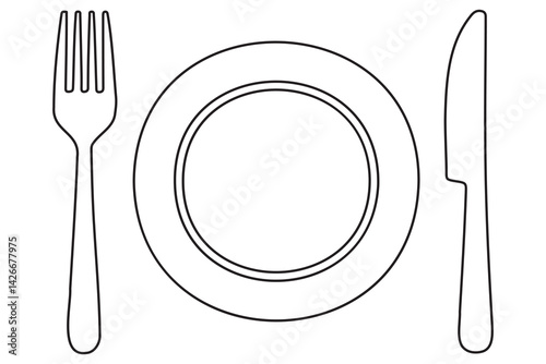 Continuous one line drawing of knife, plate, spoon and fork outline Vector Illustration