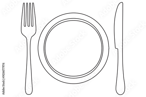Continuous one line drawing of knife, plate, spoon and fork outline Vector Illustration