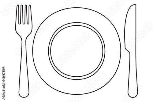 Continuous one line drawing of knife, plate, spoon and fork outline Vector Illustration