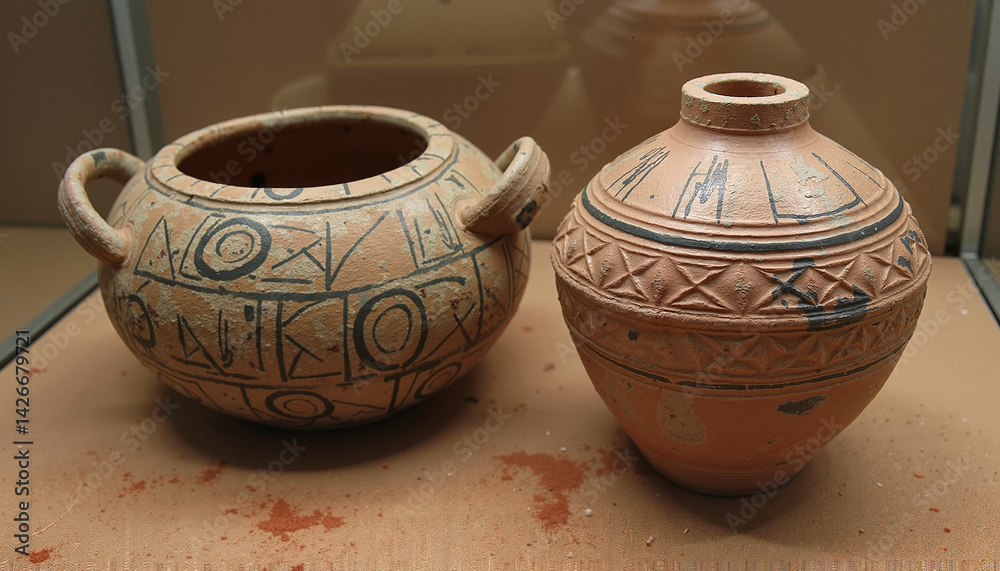 Ancient pottery vessels with decorative patterns
Ancient pottery vessels with decorative patterns