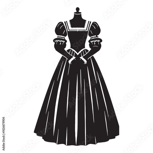 Regal Tudor Gown silhouette, perfect for period drama looks – Tudor Gown illustration – Minimalist Tudor Gown vector – Ladies dress silhouette

