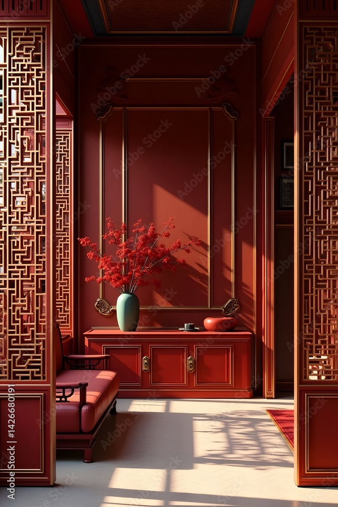 Chinese-style interior with red and gold details and latticework.