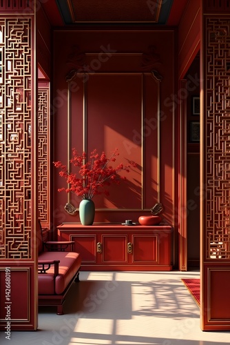 Obraz na płótnie Chinese-style interior with red and gold details and latticework. w salonie