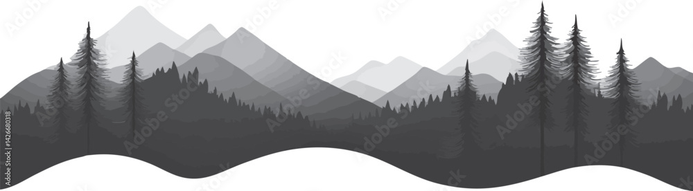 Fototapeta premium Minimalist vector landscape depicting rugged mountain peaks rising behind silhouetted evergreen forest, rendered in soft grayscale tones