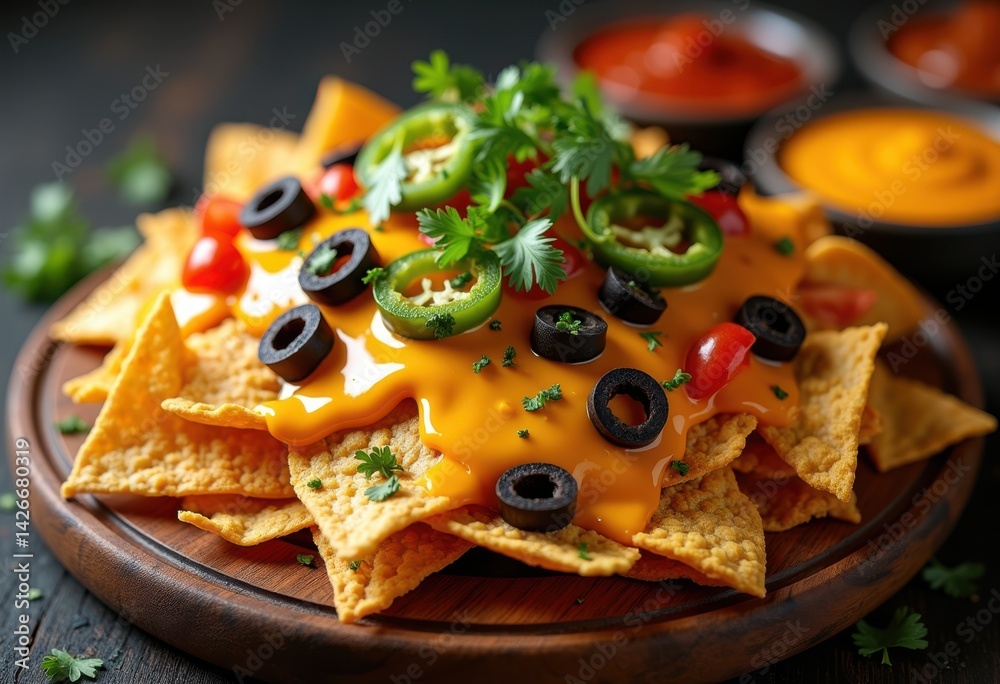 cheesy nachos plated vibrant dipping sauces colorful appetizer delight snack treat, tortilla, cuisine, crispy, spicy, herbs, coriander, vegetable