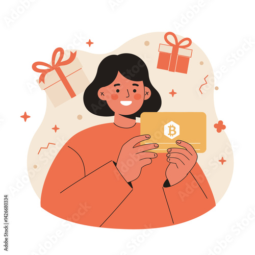 Woman holding bitcoin card with gift boxes celebrating digital currency concept in orange tones vector illustration 