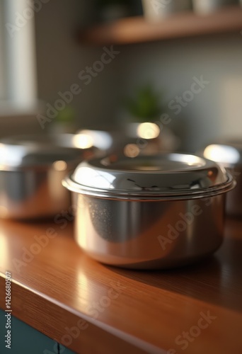 close detail shiny metallic meal prep containers lids showing reflections sleek design kitchen setting, silver, valve, surface, reflective, cooking, food