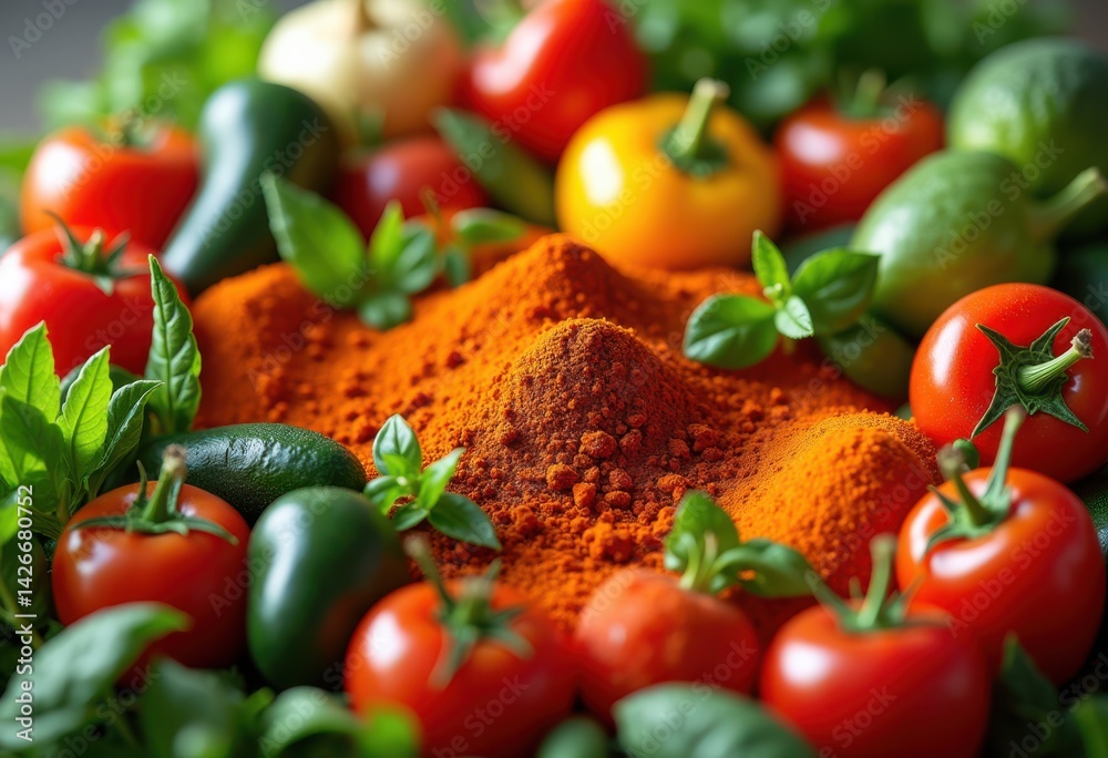 close vibrant colorful food ingredients fresh vegetables herbs spices fruits culinary art texture detail, pepper, carrot, onion, garlic, green, lemon, basil