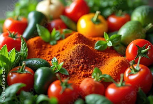 Obraz na płótnie close vibrant colorful food ingredients fresh vegetables herbs spices fruits culinary art texture detail, pepper, carrot, onion, garlic, green, lemon, basil w salonie