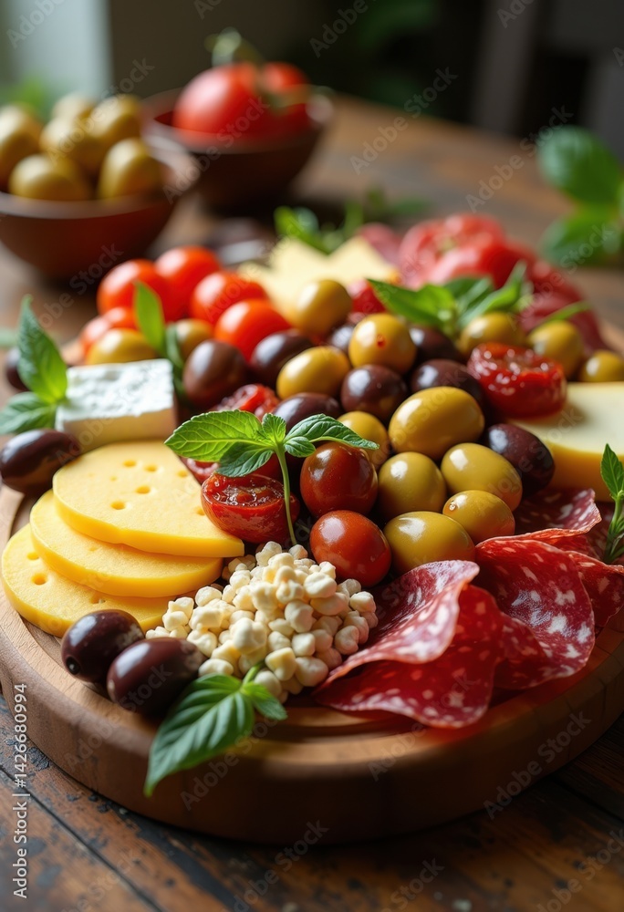 colorful antipasto platter assorted vegetables cheeses olives salami artfully arranged rustic wooden board gourmet feast, appetizer, food, meal, dining, party