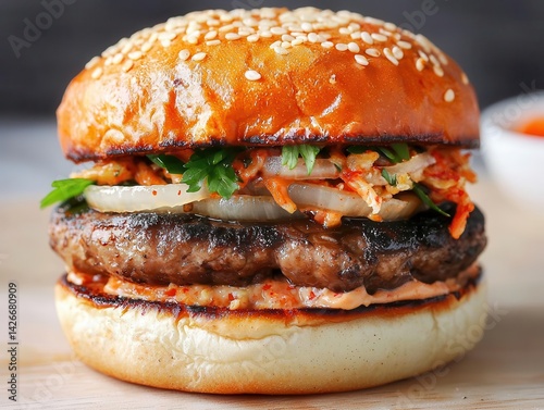 Umamipacked miso mushroom burger with crunchy kimchi slaw and sesame bun