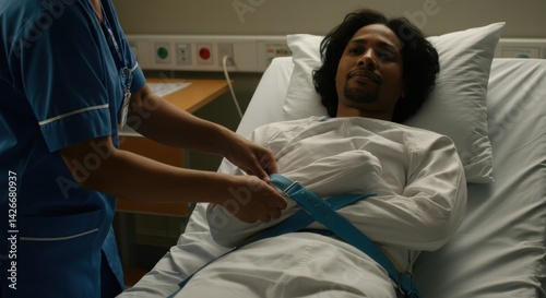 Adult hispanic male in hospital bed with nurse adjusting restraints