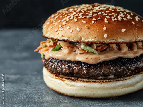 Umamipacked miso mushroom burger with crunchy kimchi slaw and sesame bun