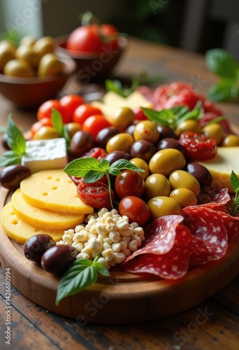 Obraz na płótnie colorful antipasto platter assorted vegetables cheeses olives salami artfully arranged rustic wooden board gourmet feast, appetizer, food, meal, dining, party w salonie