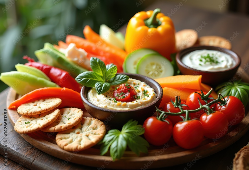 colorful appetizer platter fresh dips vibrant vegetables savory snacks gourmet presentation, carrot, cucumber, bell, pepper, radish, grape, olive, cheese