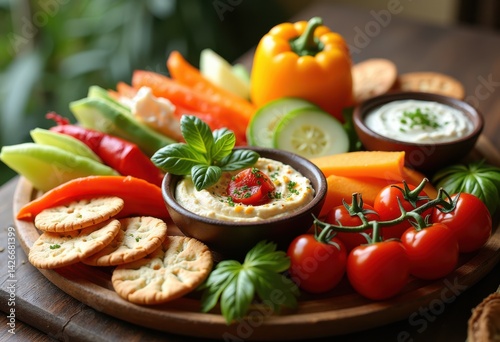 Obraz na płótnie colorful appetizer platter fresh dips vibrant vegetables savory snacks gourmet presentation, carrot, cucumber, bell, pepper, radish, grape, olive, cheese w salonie